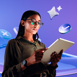 Person wearing glasses using a tablet, with floating digital icons and abstract tech elements on a purple background. 
